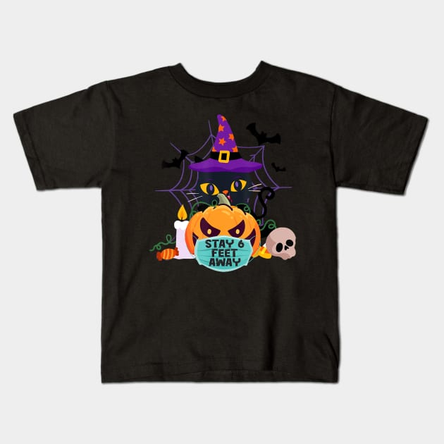 Cute Cat Halloween Pumpkin Face Mask Stay 6 Feet Quarantine Kids T-Shirt by So Bright